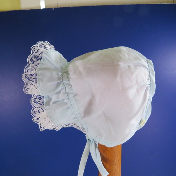 Baby Blue & White Bonnet Ruffles with semi open back & button 11" hat cap - Picture 3 of 6
